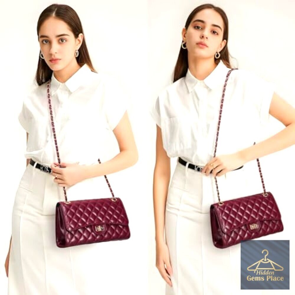 Quilted Crossbody Bag with Chain Strap, Faux Leather, Adjustable, 3 Compartments - Picture 4 of 7